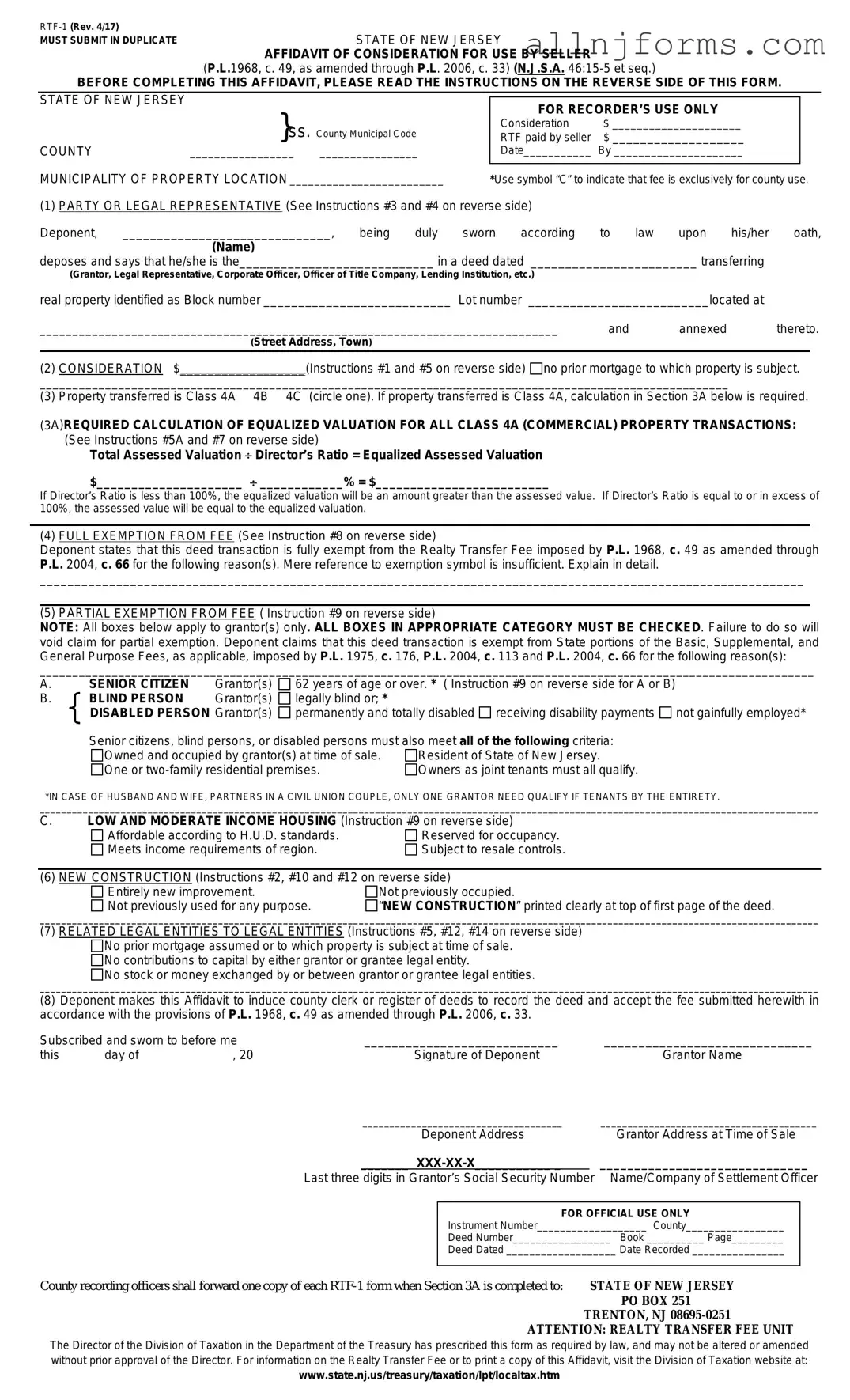 Fill in a Valid New Jersey Affidavit of Consideration RTF-1 Template