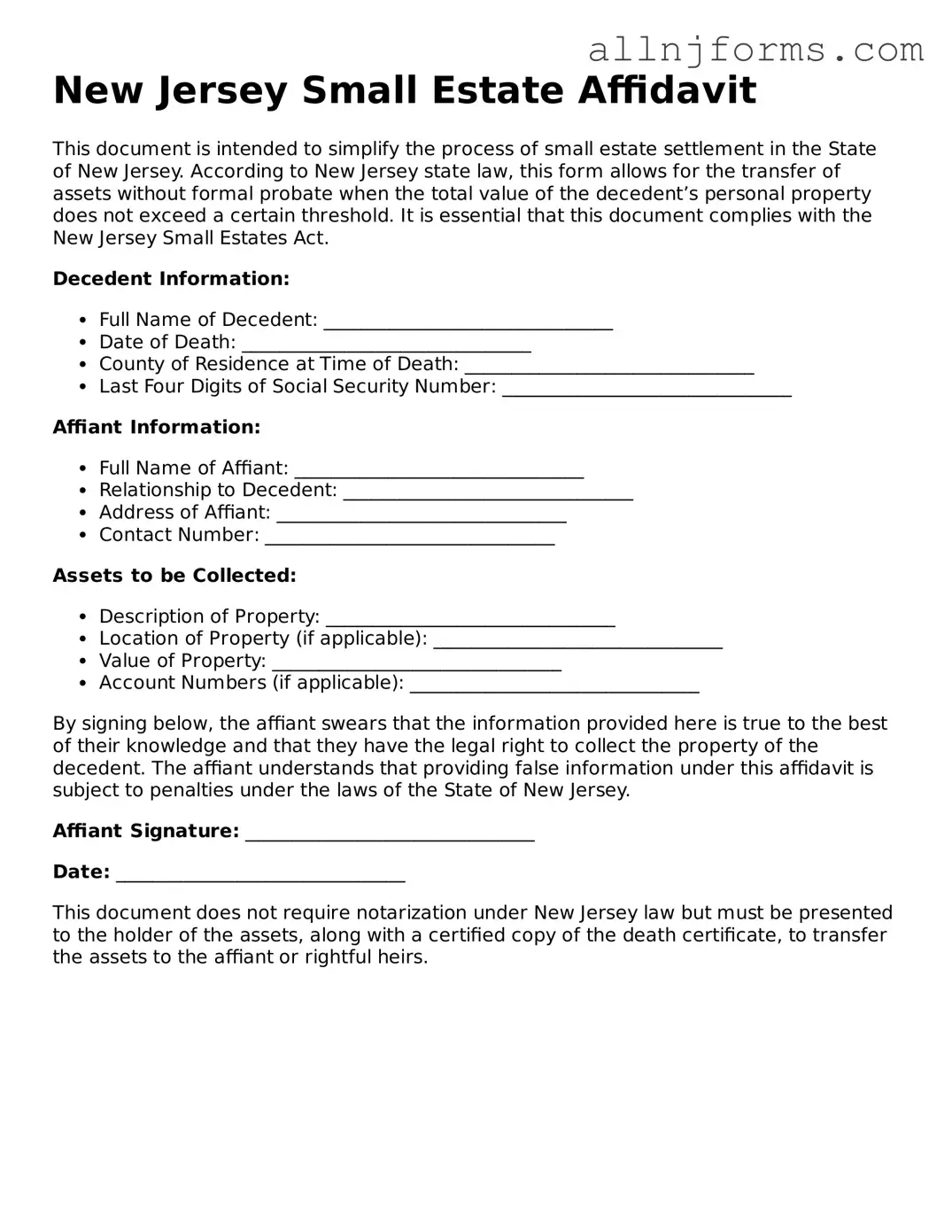 Legal  Small Estate Affidavit Template for New Jersey