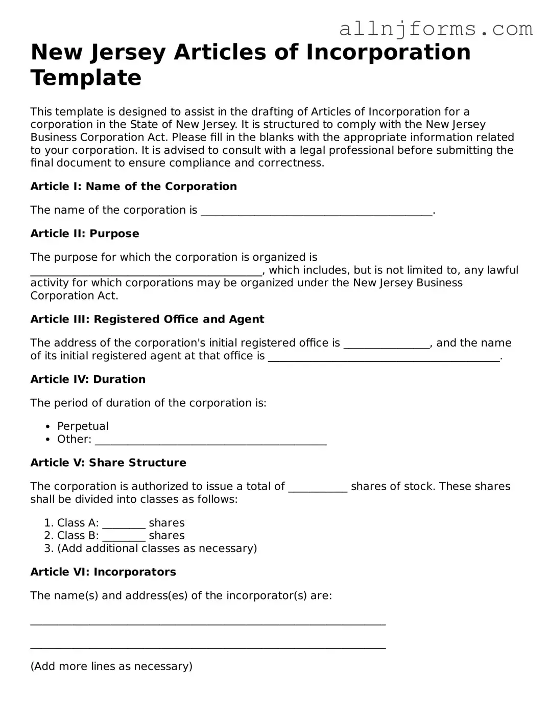 Legal  Articles of Incorporation Template for New Jersey