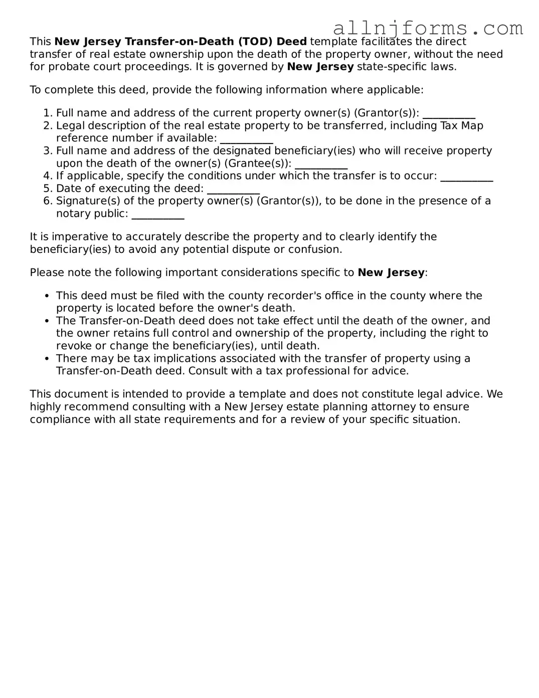 Legal  Transfer-on-Death Deed Template for New Jersey