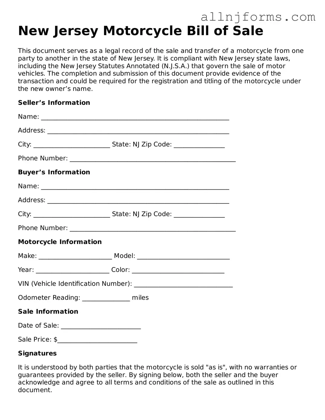 Legal  Motorcycle Bill of Sale Template for New Jersey
