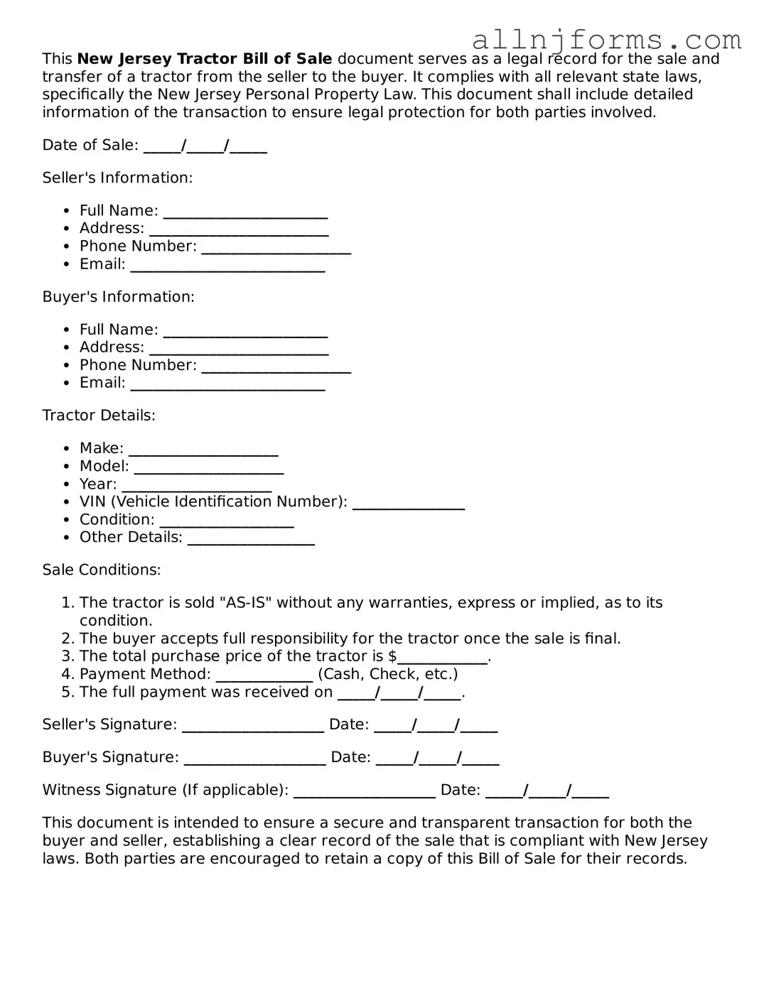 Legal  Tractor Bill of Sale Template for New Jersey