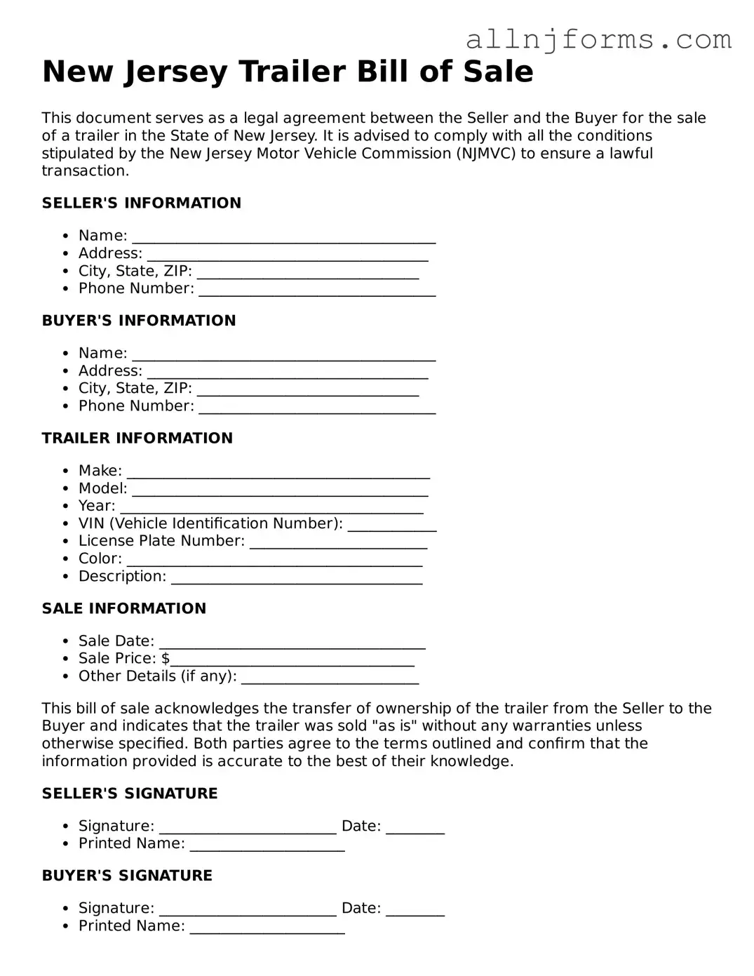 Legal  Trailer Bill of Sale Template for New Jersey
