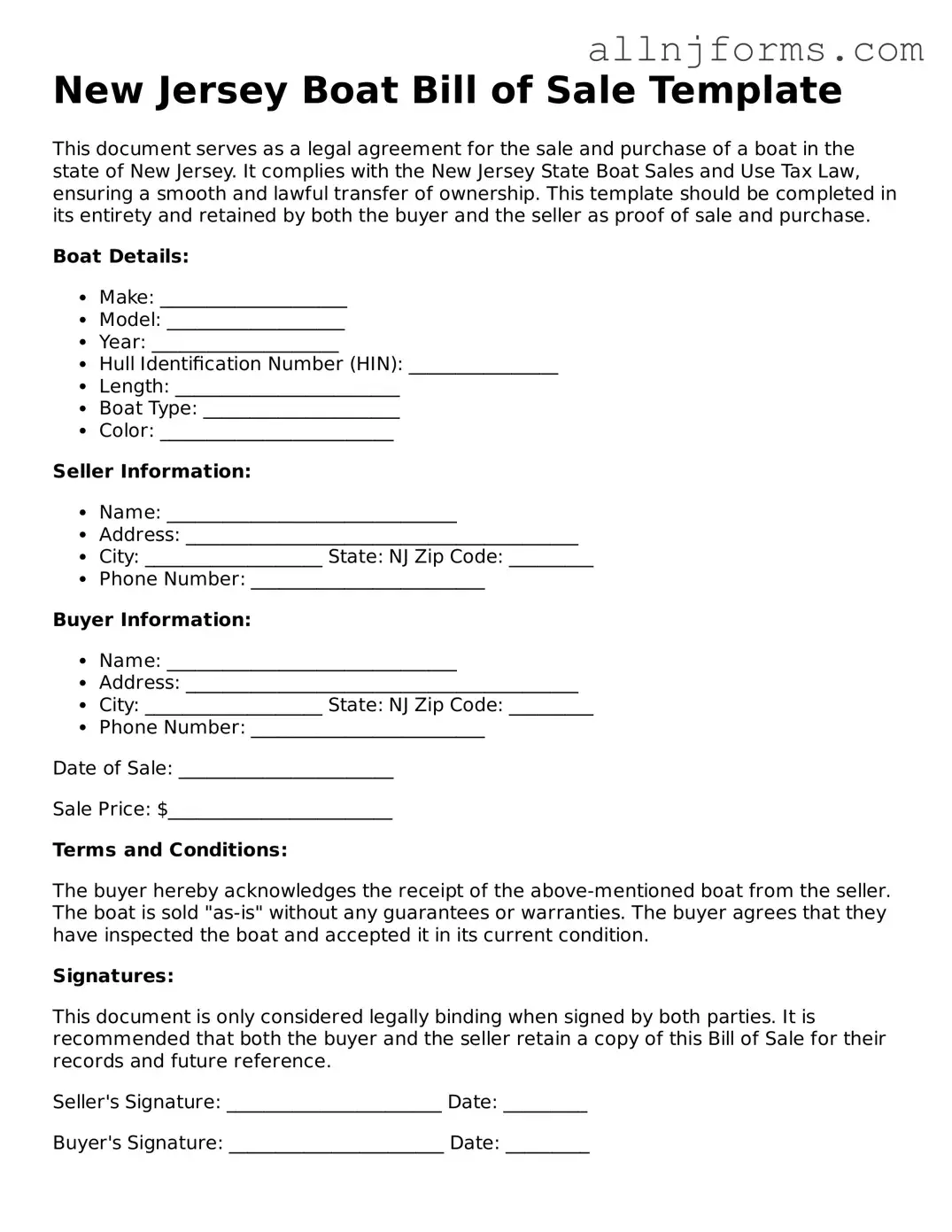 Legal  Boat Bill of Sale Template for New Jersey