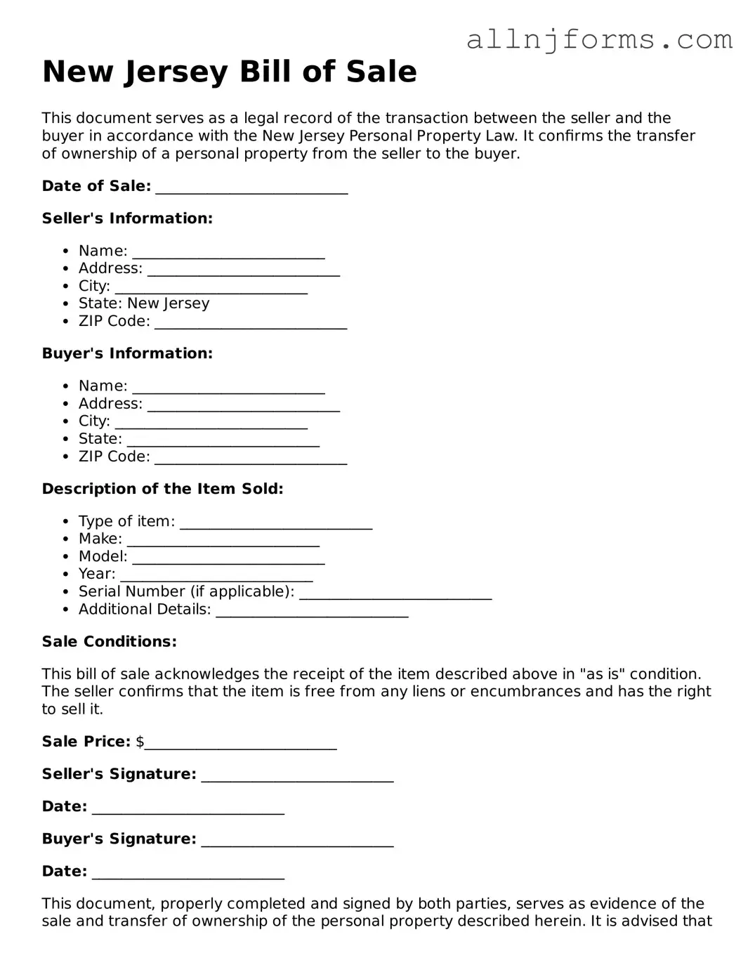 Legal  Bill of Sale Template for New Jersey