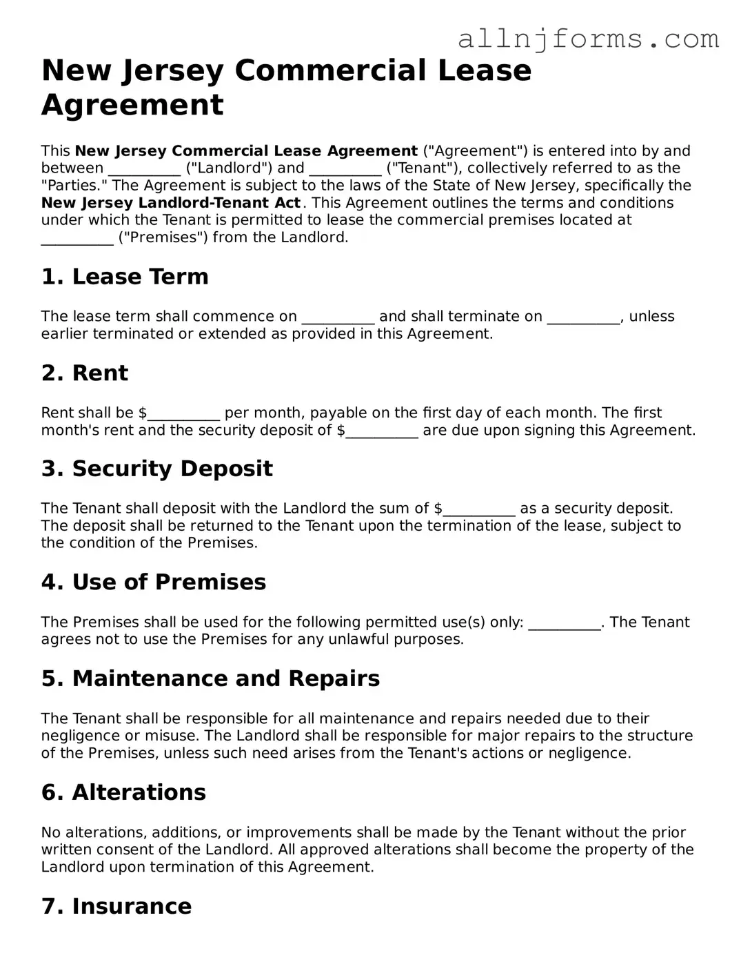 Legal  Commercial Lease Agreement Template for New Jersey