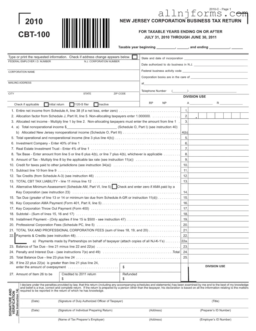 Fill in a Valid New Jersey Cbt 100 Template