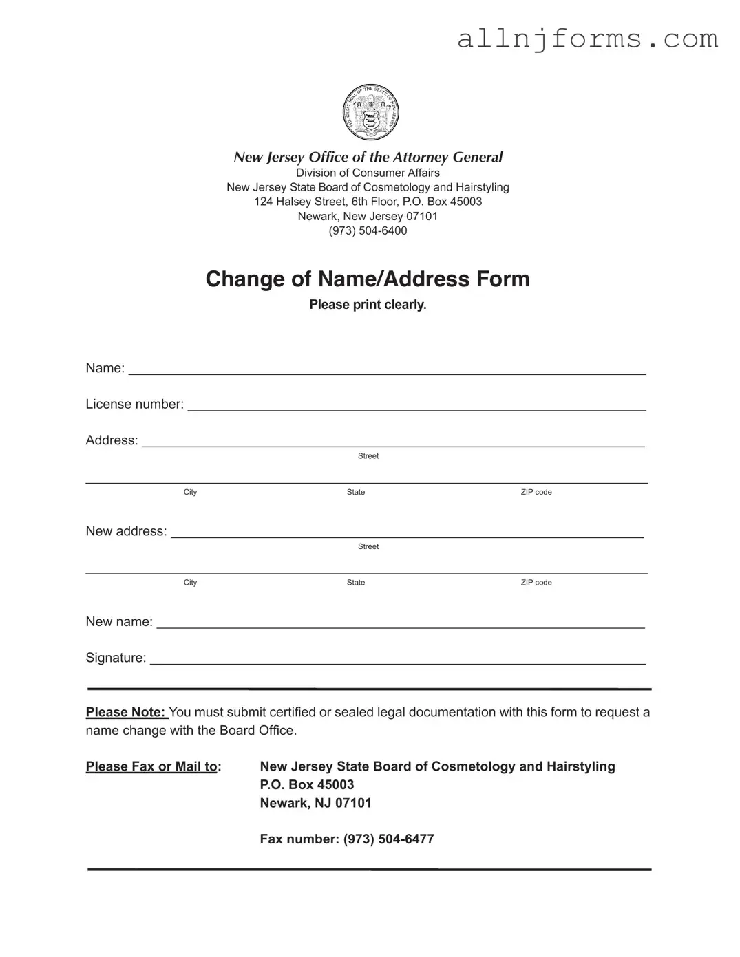 Fill in a Valid New Jersey Change Of Name Address Template