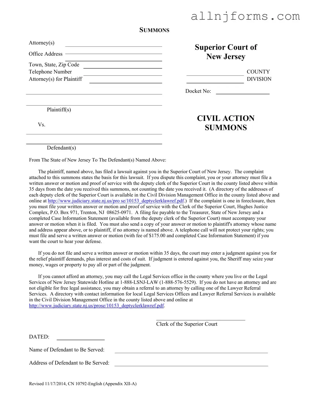 Fill in a Valid New Jersey Civil Template