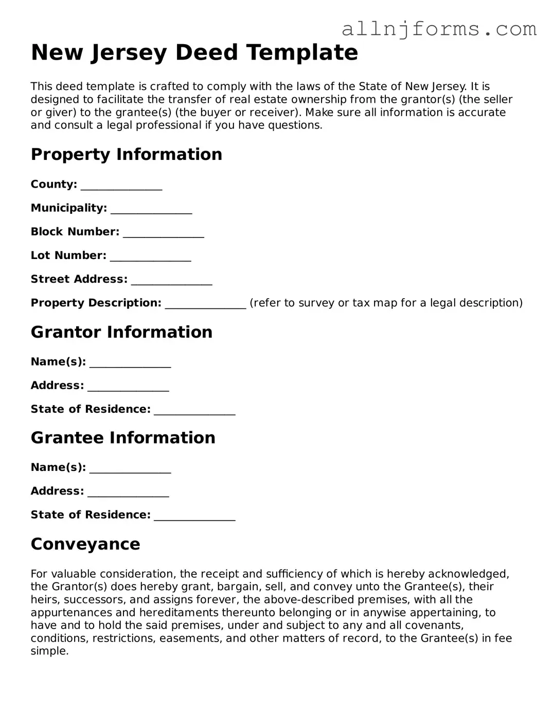 Legal  Deed Template for New Jersey