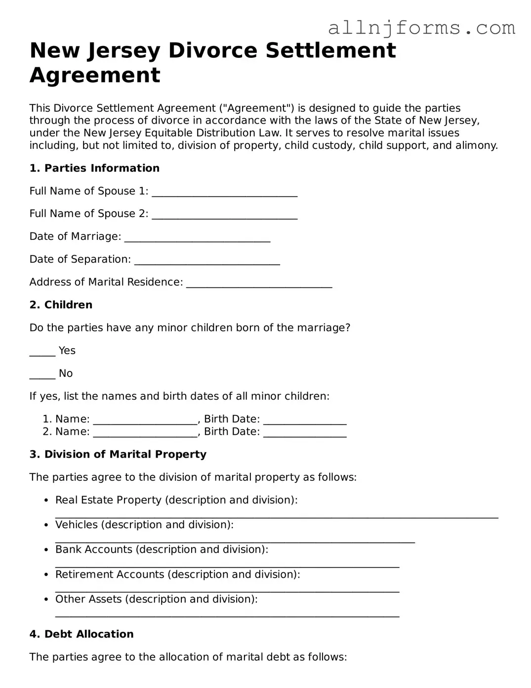 Legal  Divorce Settlement Agreement Template for New Jersey