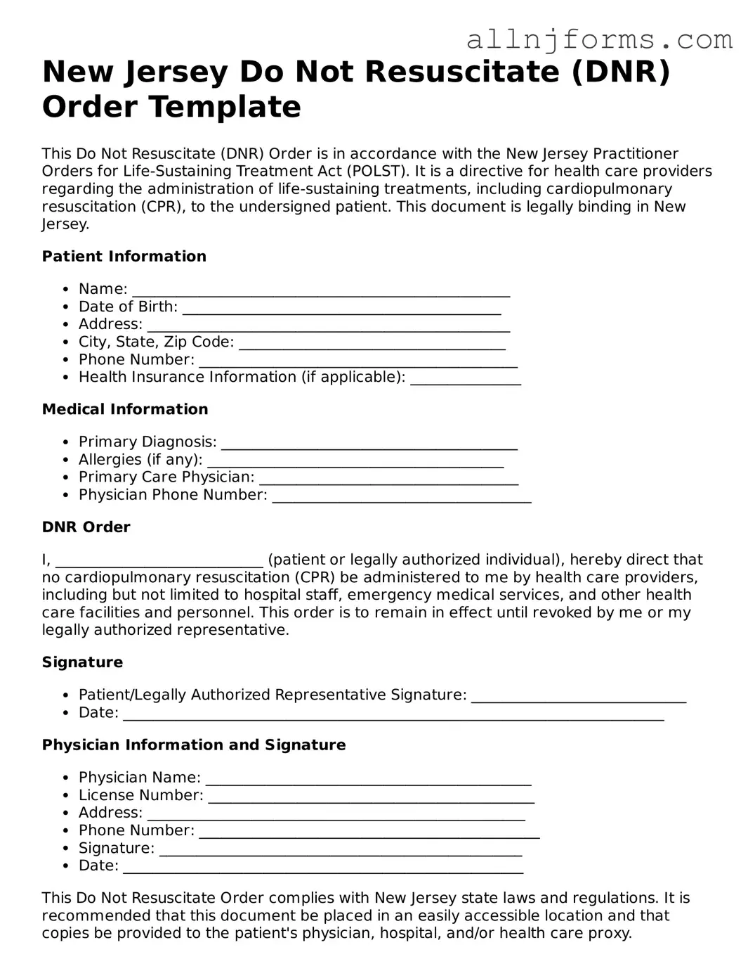 Legal  Do Not Resuscitate Order Template for New Jersey