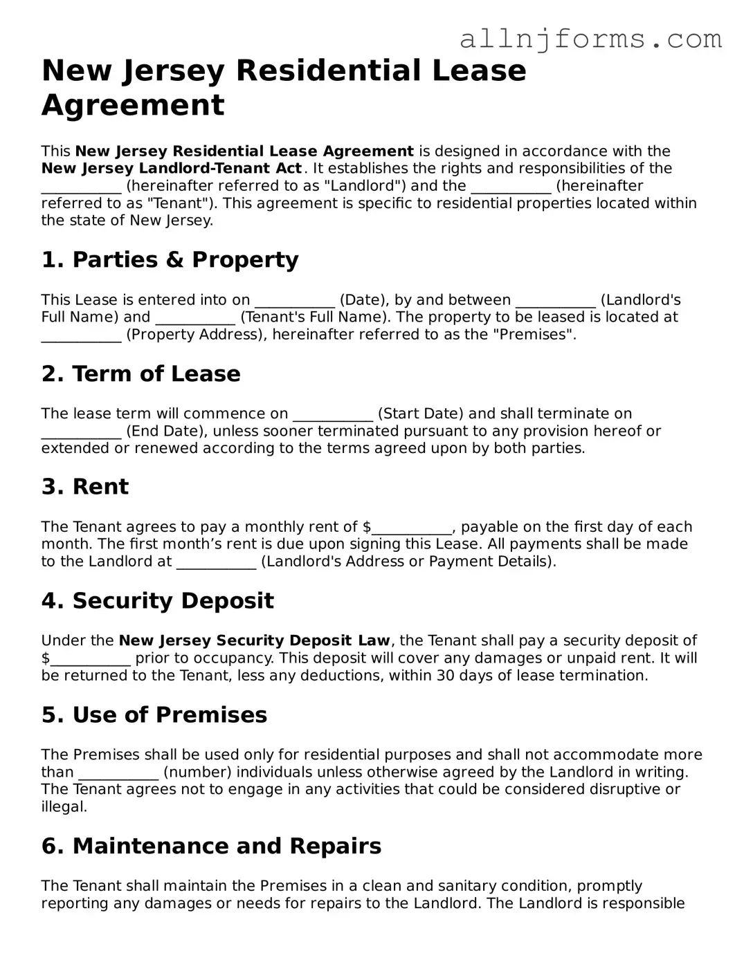 Legal  Residential Lease Agreement Template for New Jersey