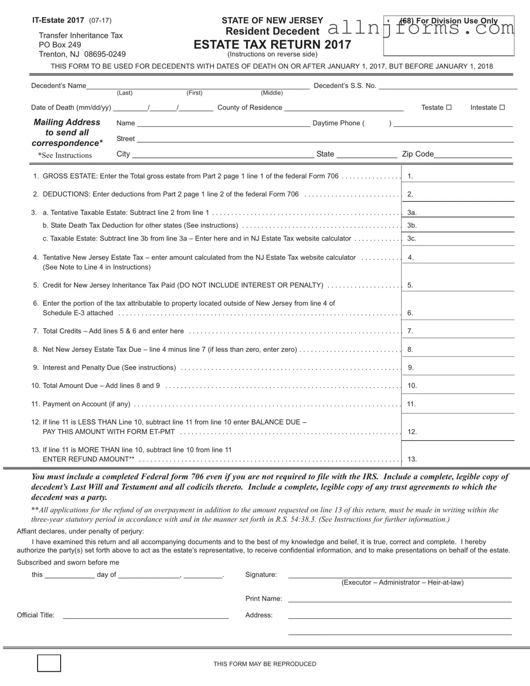 Fill in a Valid New Jersey Estate Tax Return Template