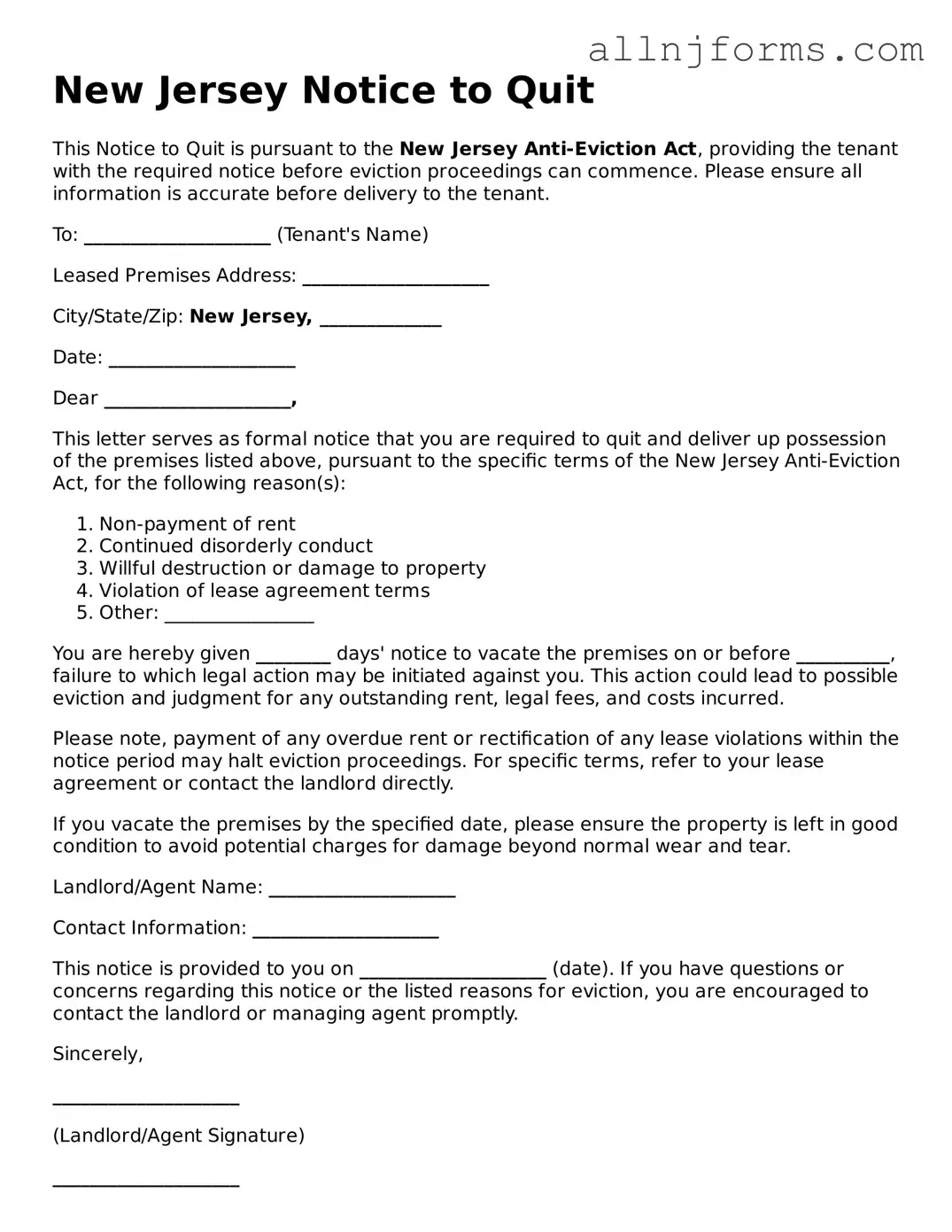 Legal  Notice to Quit Template for New Jersey