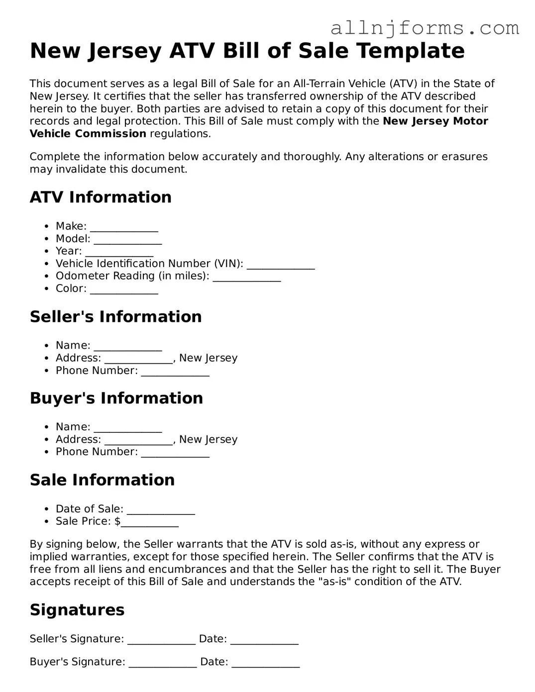 Legal  ATV Bill of Sale Template for New Jersey
