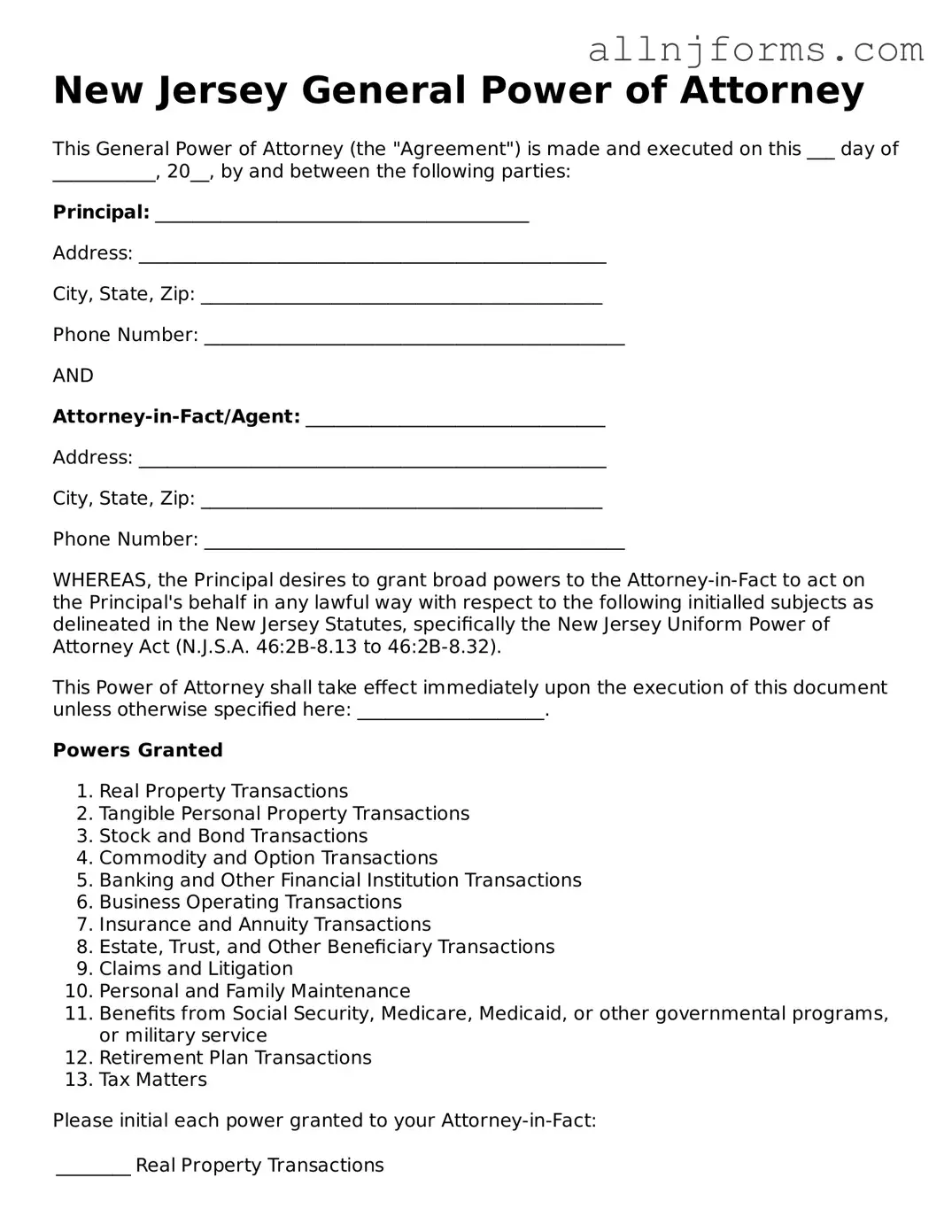 Legal  General Power of Attorney Template for New Jersey