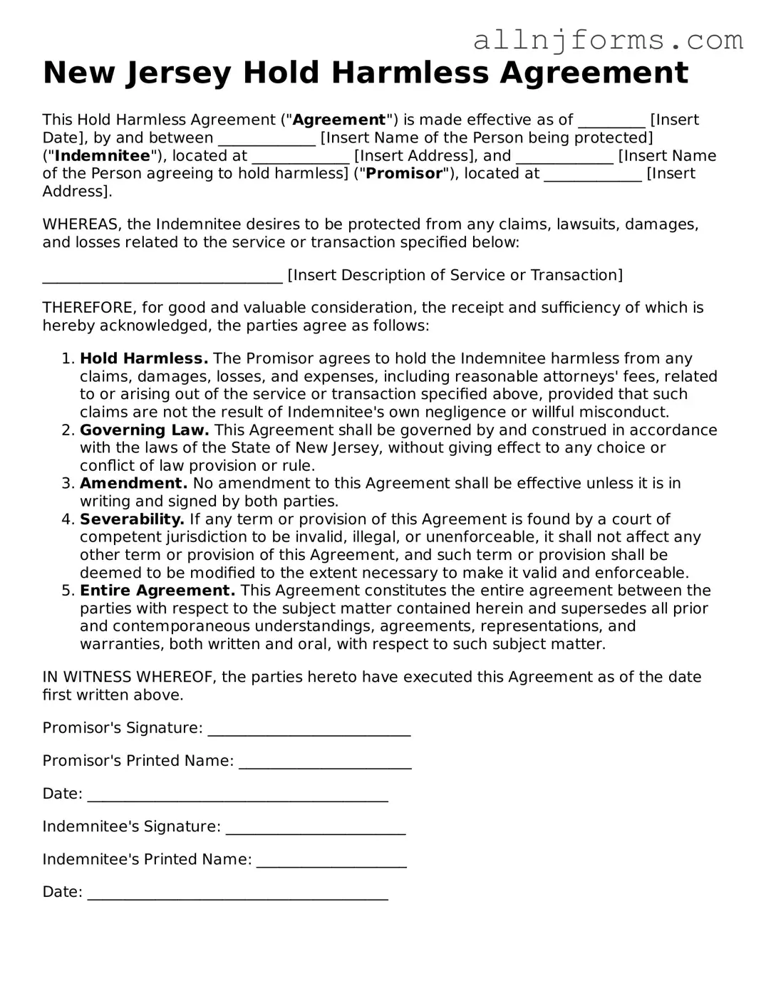 Legal  Hold Harmless Agreement Template for New Jersey