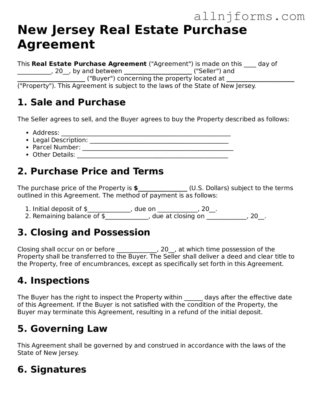 Legal  Real Estate Purchase Agreement Template for New Jersey