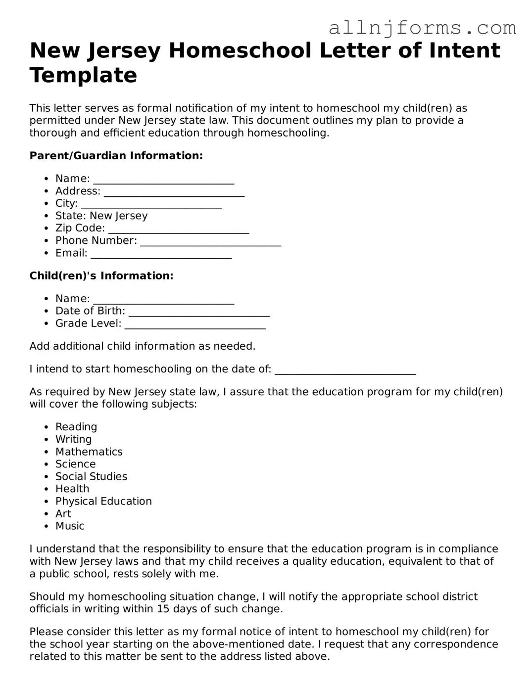 Legal  Homeschool Letter of Intent Template for New Jersey
