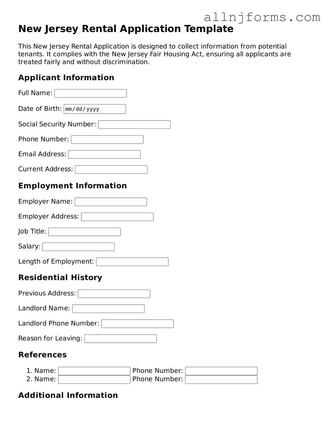 Legal  Rental Application Template for New Jersey