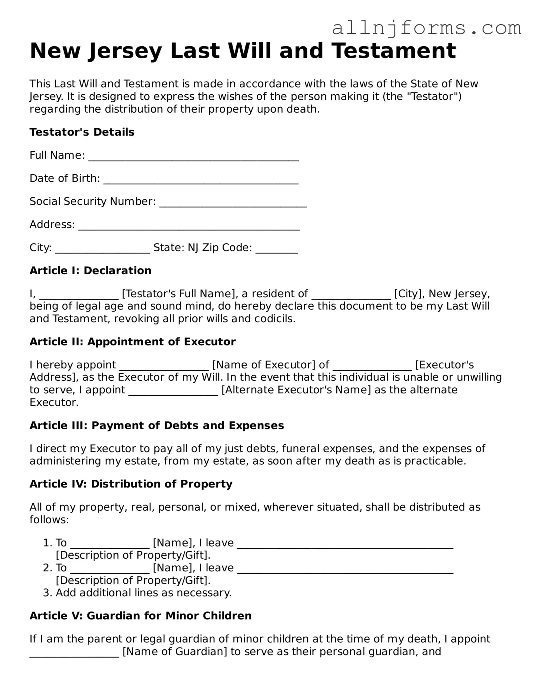 Legal  Last Will and Testament Template for New Jersey