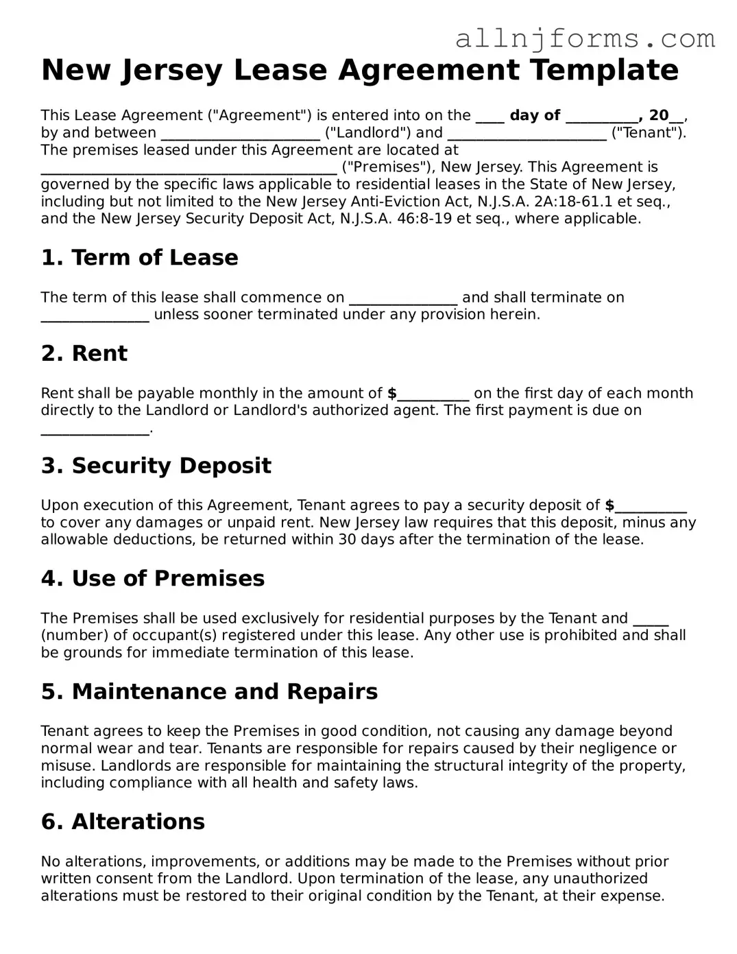 Legal  Lease Agreement Template for New Jersey
