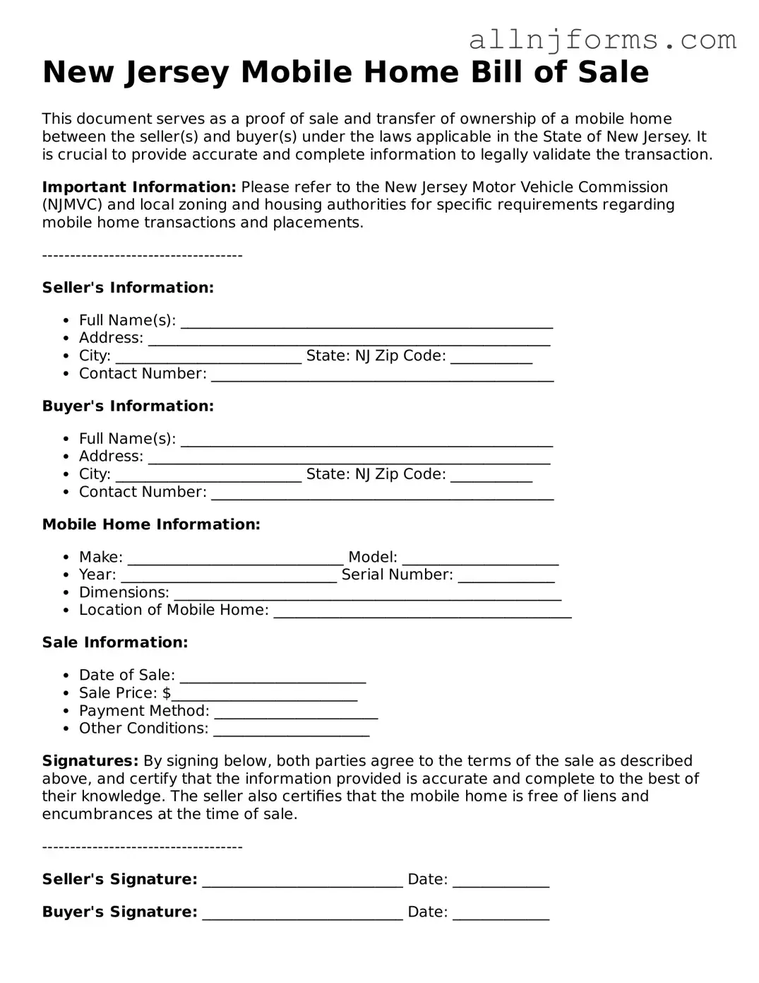 Legal  Mobile Home Bill of Sale Template for New Jersey