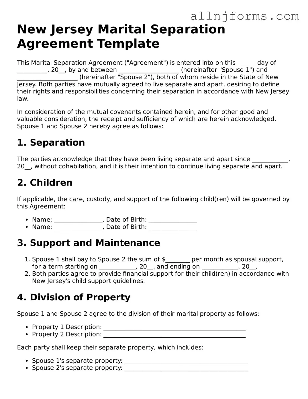 Legal  Marital Separation Agreement Template for New Jersey