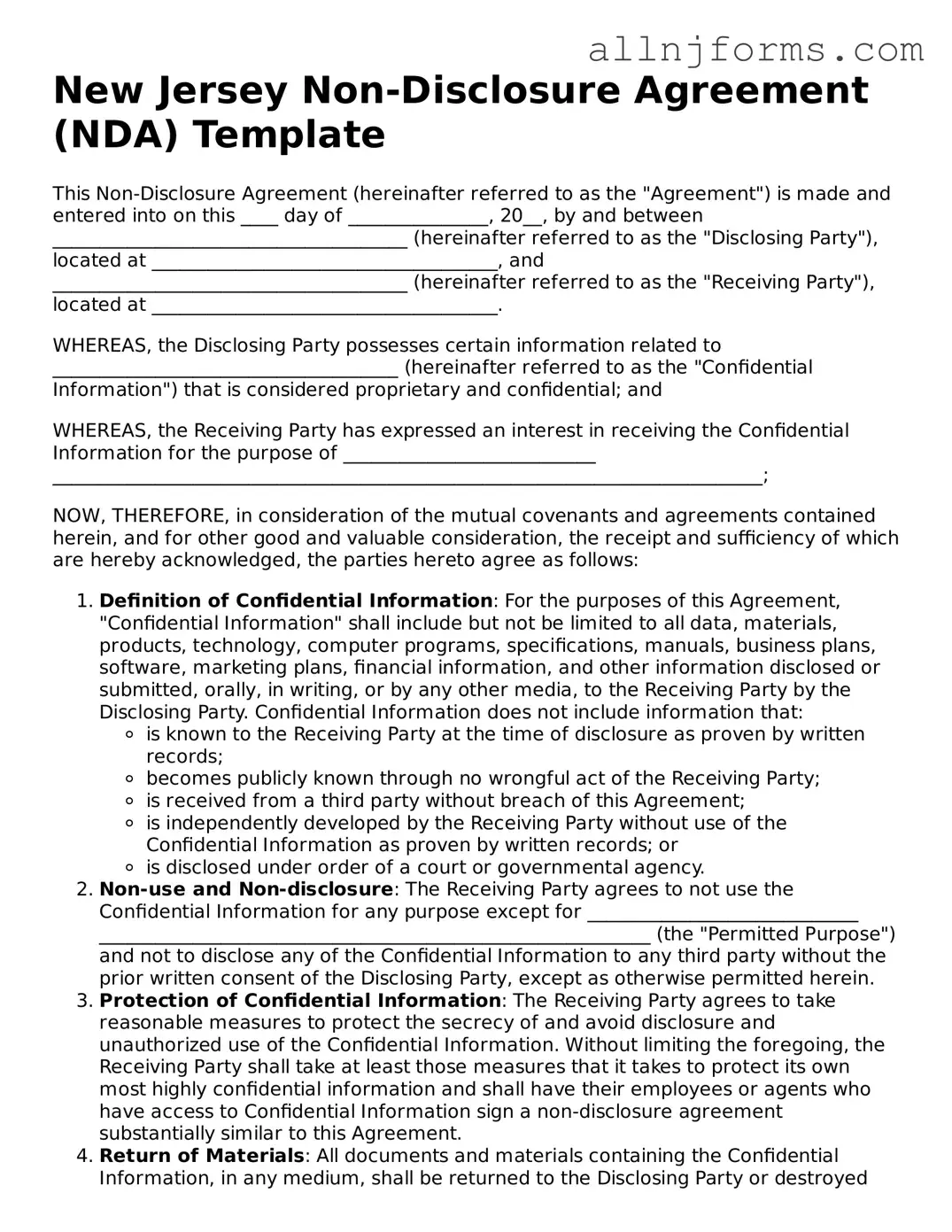 Legal  Non-disclosure Agreement Template for New Jersey