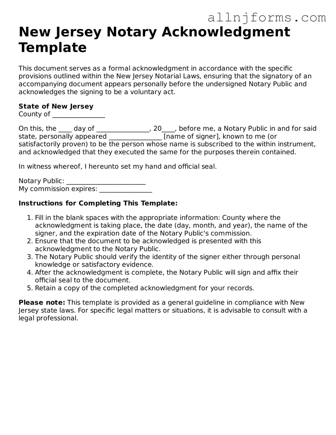Legal  Notary Acknowledgement Template for New Jersey