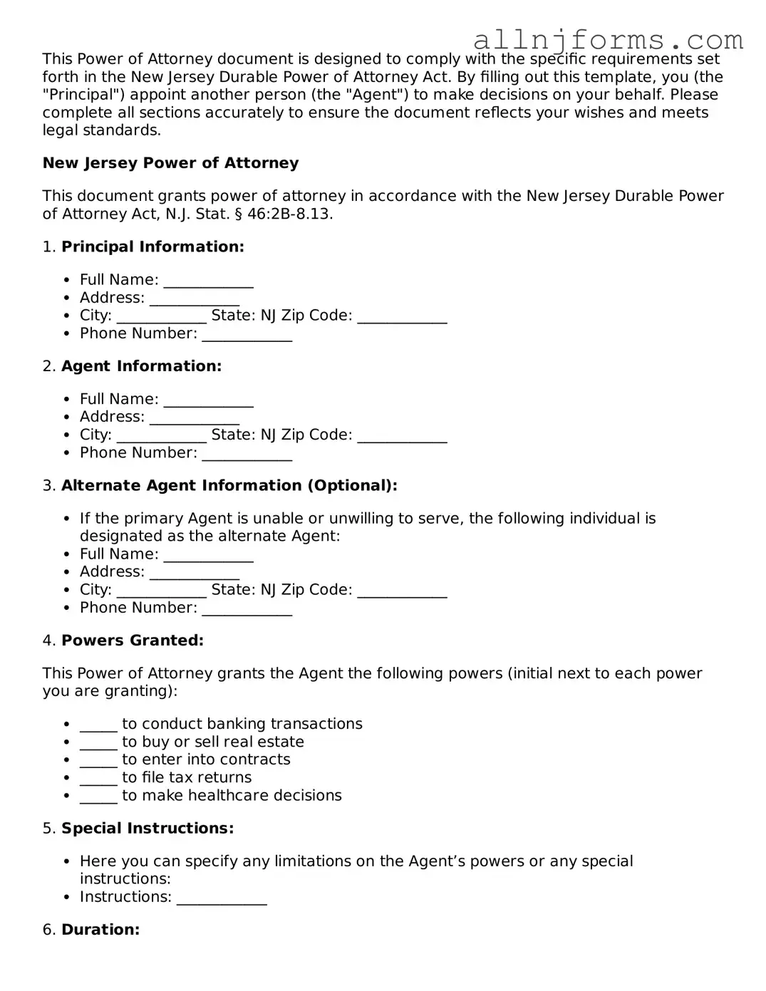 Legal  Power of Attorney Template for New Jersey