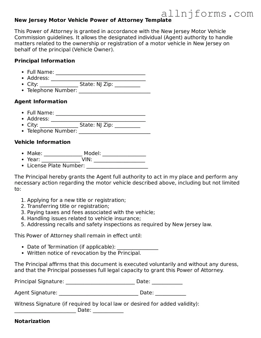 Legal  Motor Vehicle Power of Attorney Template for New Jersey
