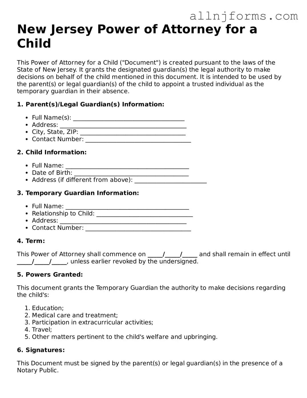 Legal  Power of Attorney for a Child Template for New Jersey