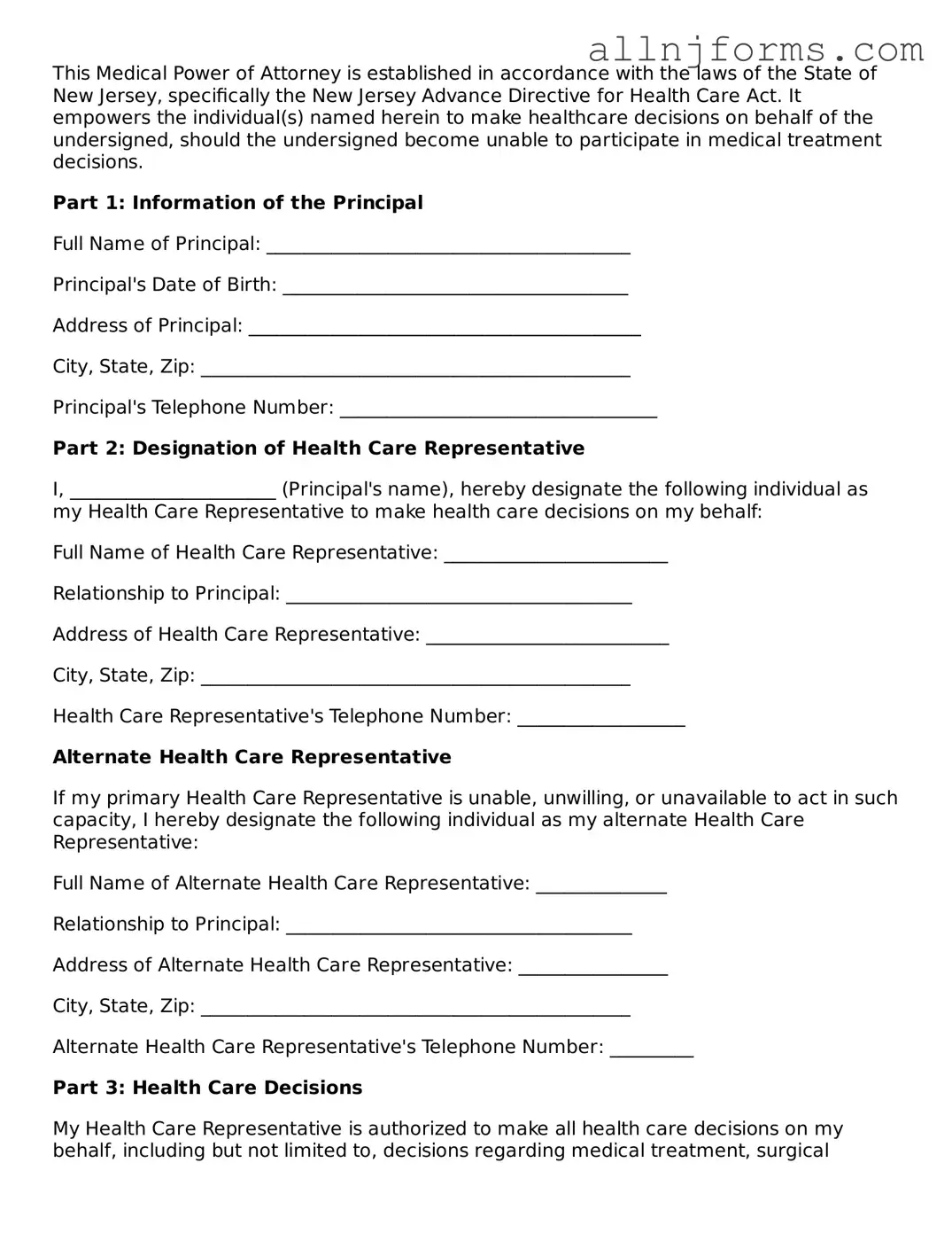 Legal  Medical Power of Attorney Template for New Jersey