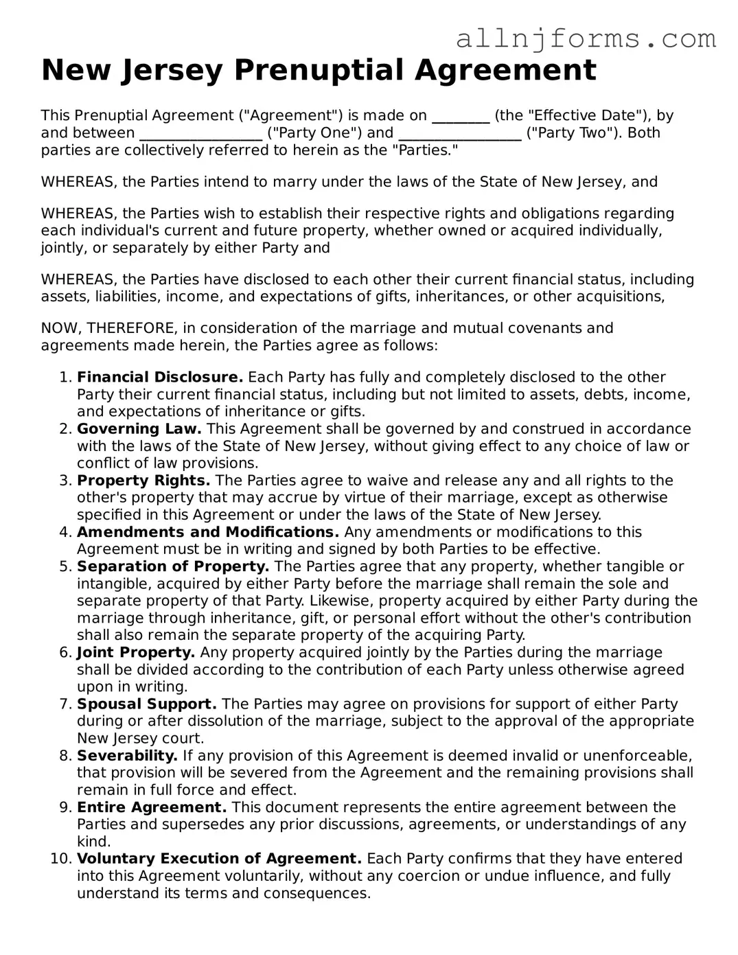 Legal  Prenuptial Agreement Template for New Jersey