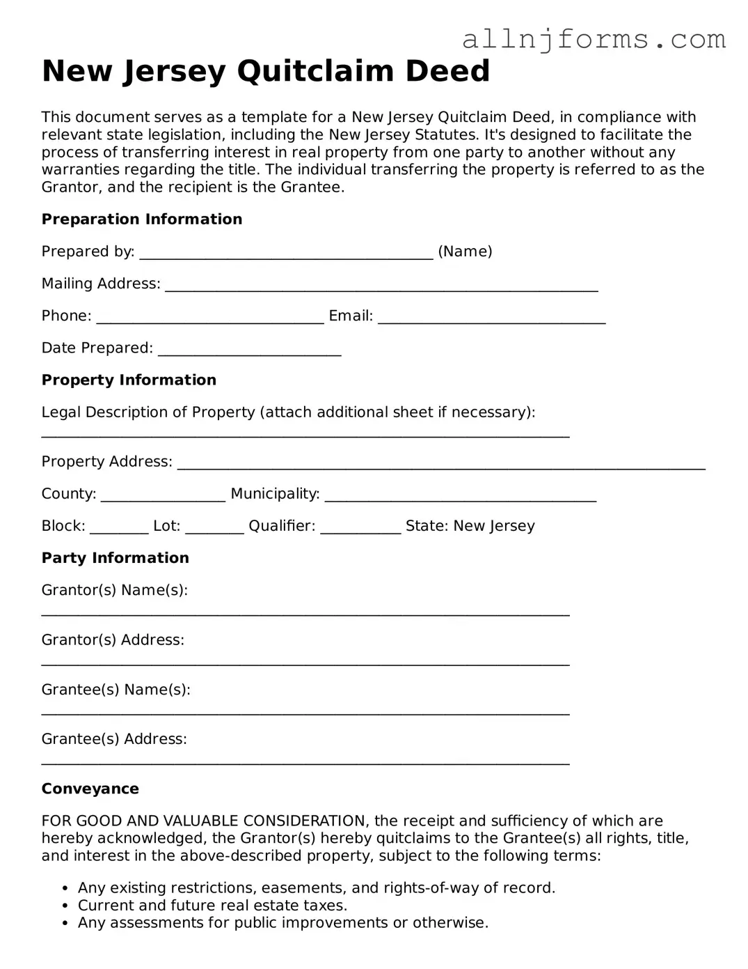 Legal  Quitclaim Deed Template for New Jersey