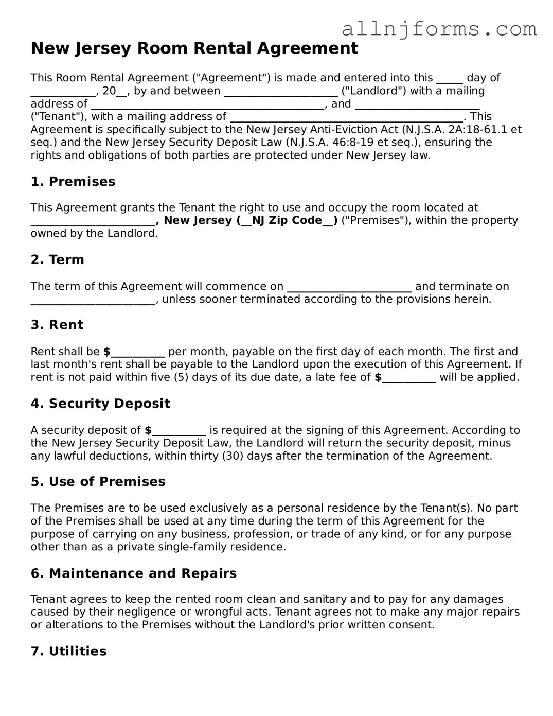 Legal  Room Rental Agreement Template for New Jersey
