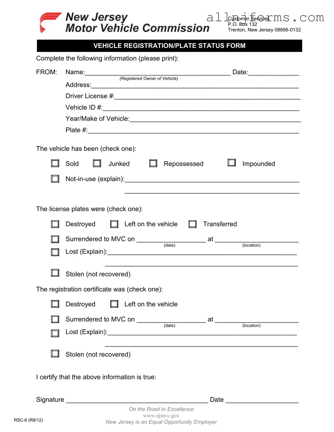 Fill in a Valid New Jersey Rsc 6 Template