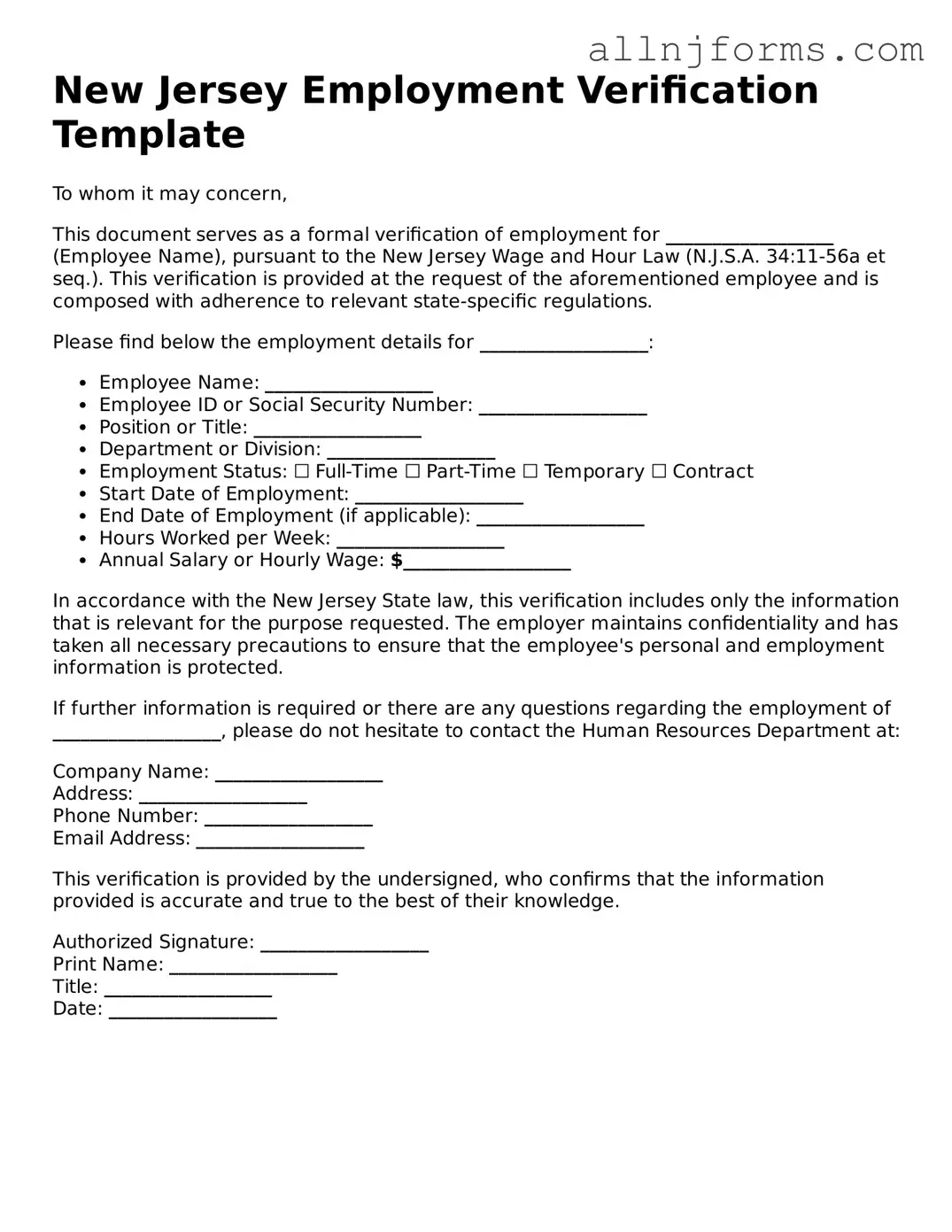 Legal  Employment Verification Template for New Jersey