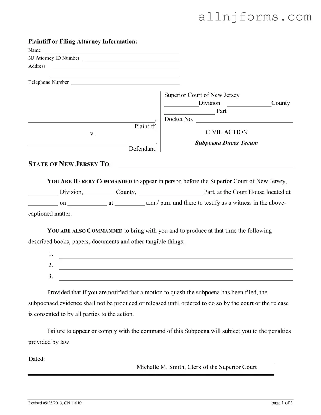 Fill in a Valid New Jersey Subpoena Template