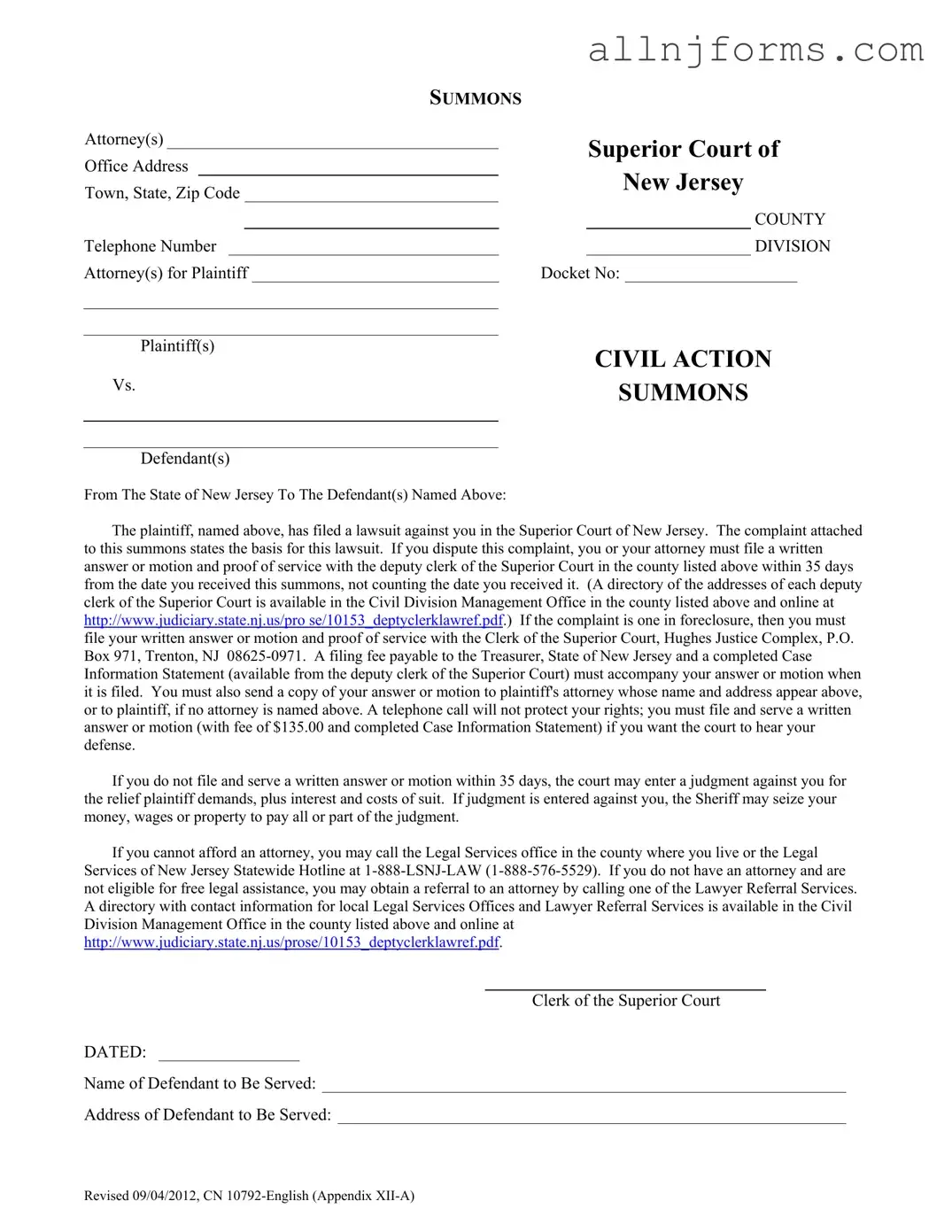 Fill in a Valid New Jersey Summons Template