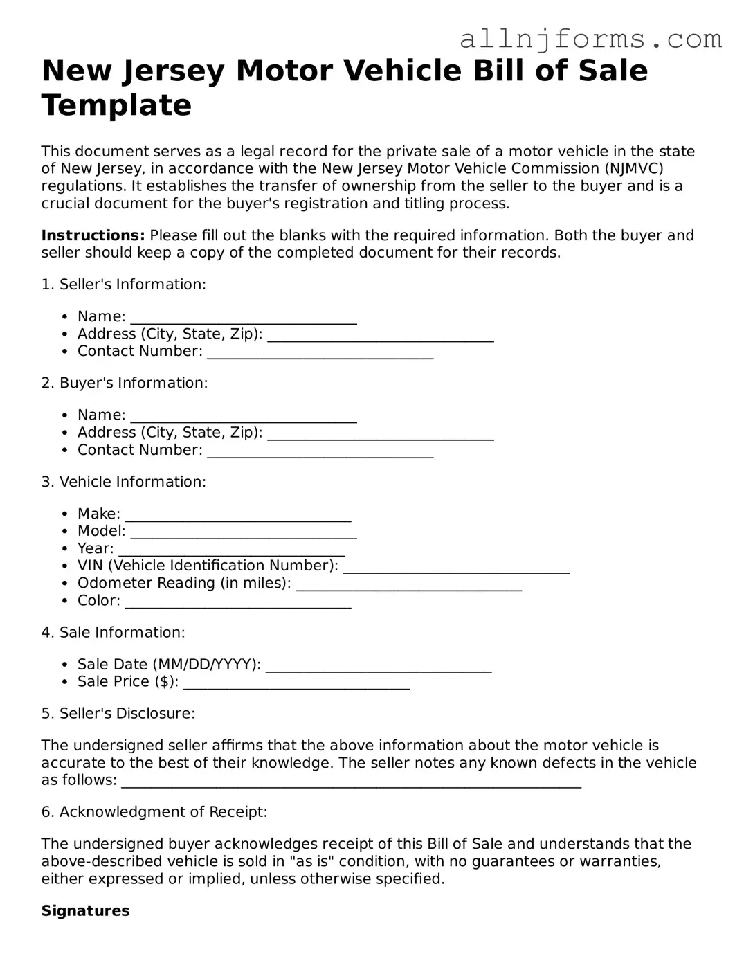 Legal  Motor Vehicle Bill of Sale Template for New Jersey