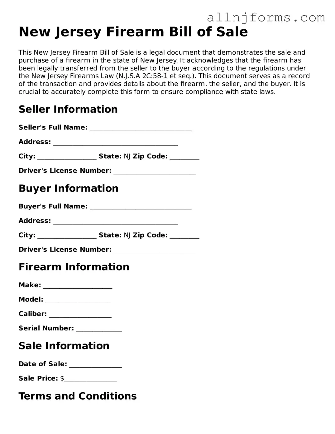 Legal  Firearm Bill of Sale Template for New Jersey