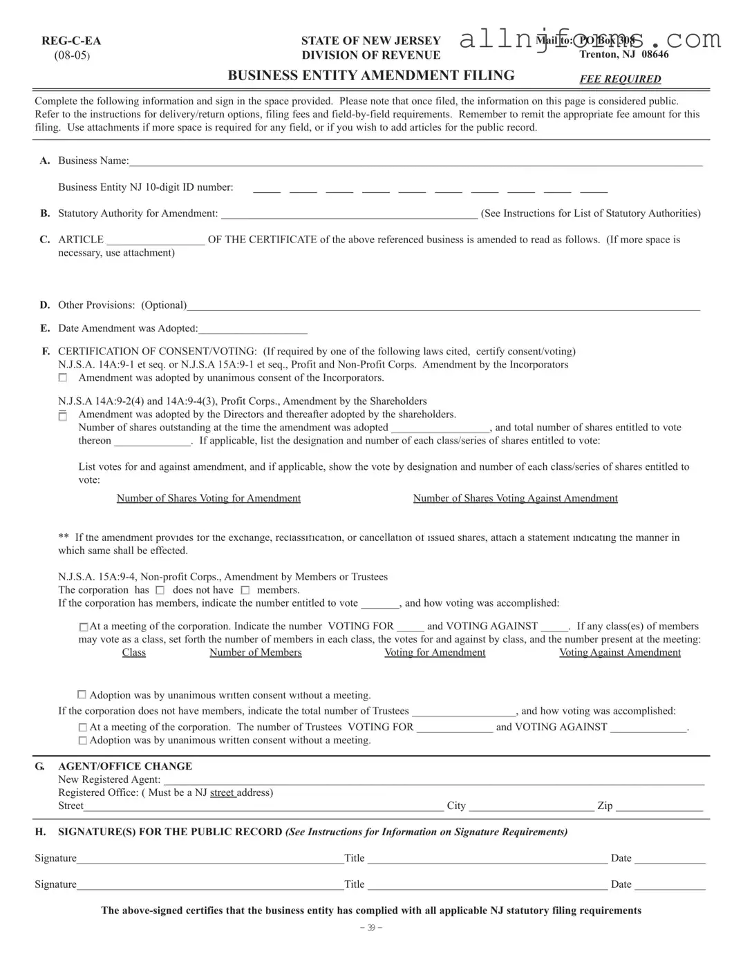 Fill in a Valid Reg C Ea New Jersey Template