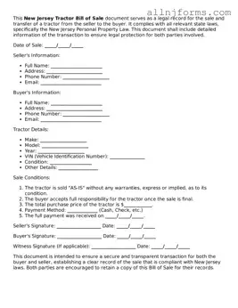 Legal  Tractor Bill of Sale Template for New Jersey