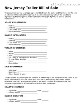 Legal  Trailer Bill of Sale Template for New Jersey