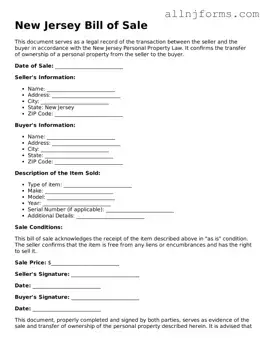 Legal  Bill of Sale Template for New Jersey