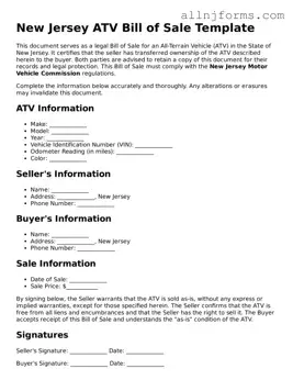 Legal  ATV Bill of Sale Template for New Jersey