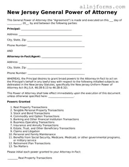 Legal  General Power of Attorney Template for New Jersey